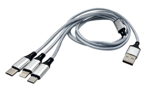 Convertidor trensado USB-A a Triple Conexión + USB-C + Micro USB 2A- Largo 50Cms Color Gris
