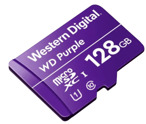 [MEM-SWD-0877] Memoria micro SD 128GB C10 U1 V10 R-W 100/60 Mbps WD Purple QD101 WDD128G1P0C para cámaras IP y video vigilancia